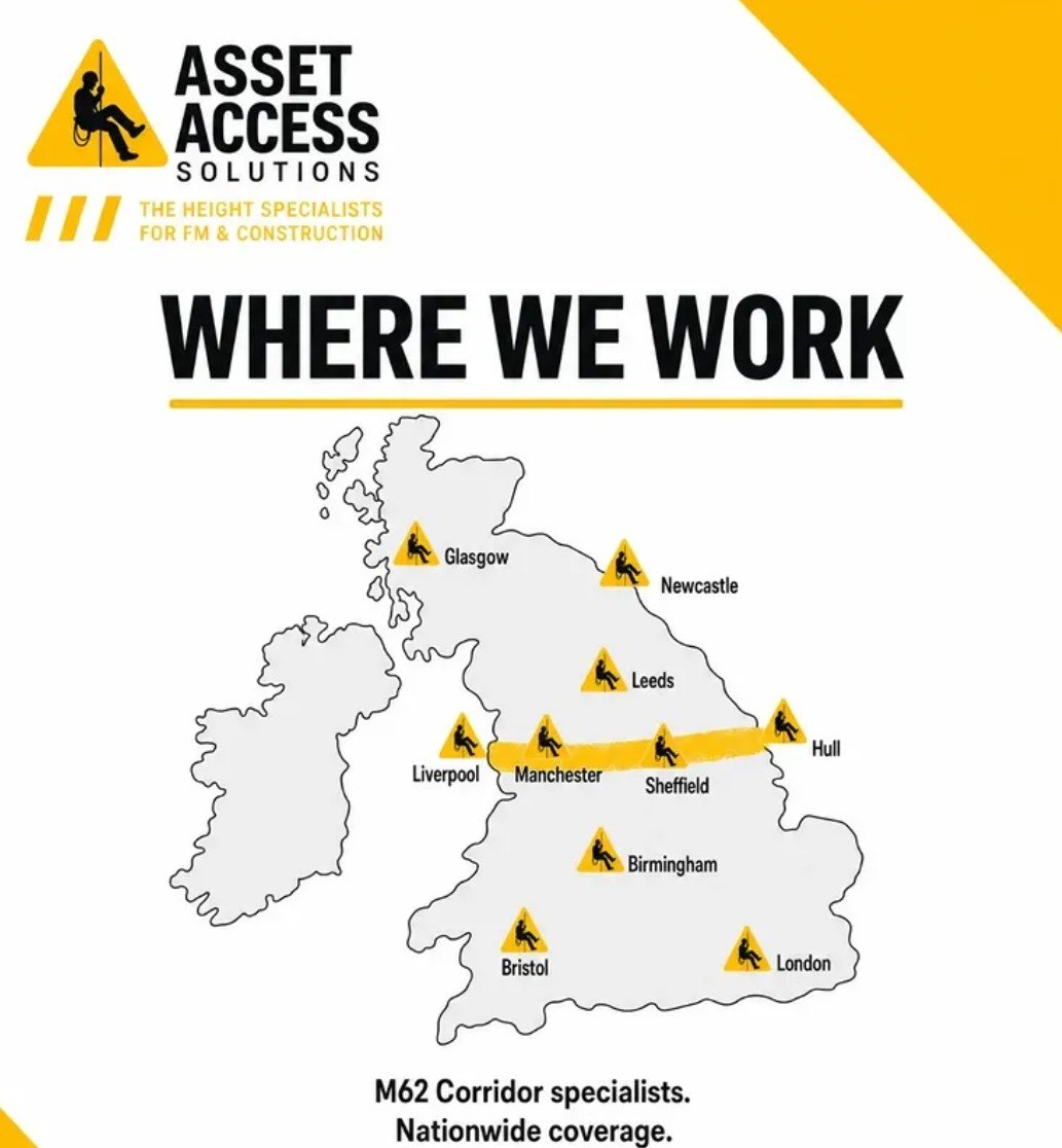 Asset Access Solutions where we work map showing M62 corridor and nationwide coverage